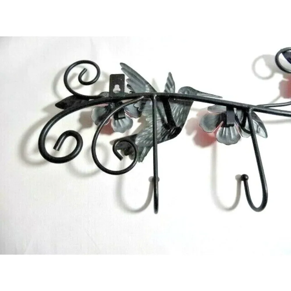 Hummingbird Garden Metal Wall Art Scroll Vine Hand Painted Flowers 4-Hooks NEW